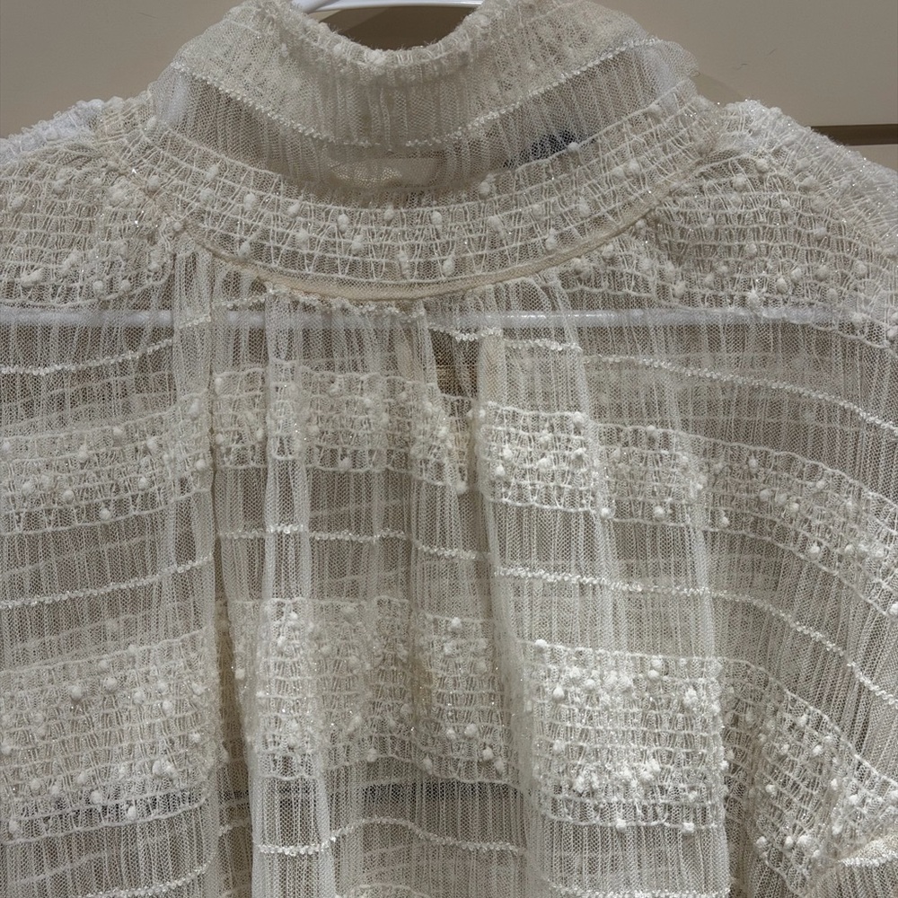 Express Cream Lace-Striped Balloon Sleeve Blouse - Picture 2 of 3